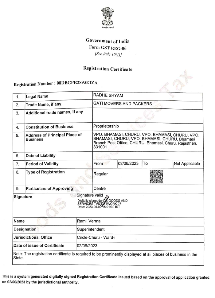 Gati Movers Registration Certificate